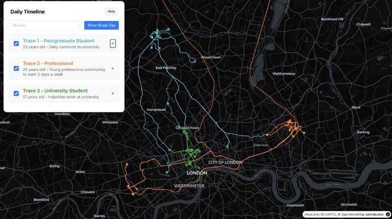 A map showing generated weekly mobility patterns in London